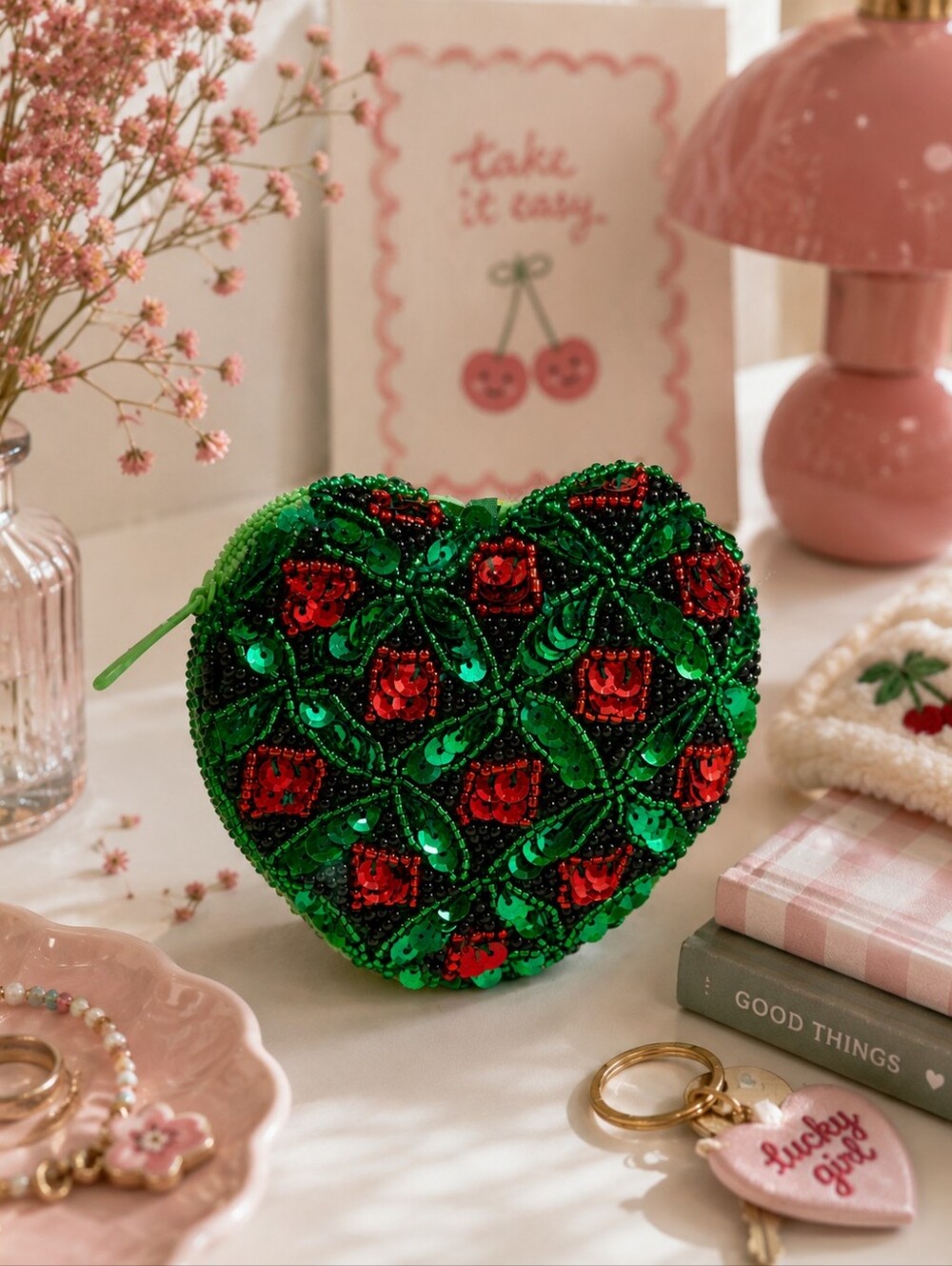 Vintage Beaded Heart Coin Purse with Keychain • NOS • 1990s–Early 2000s